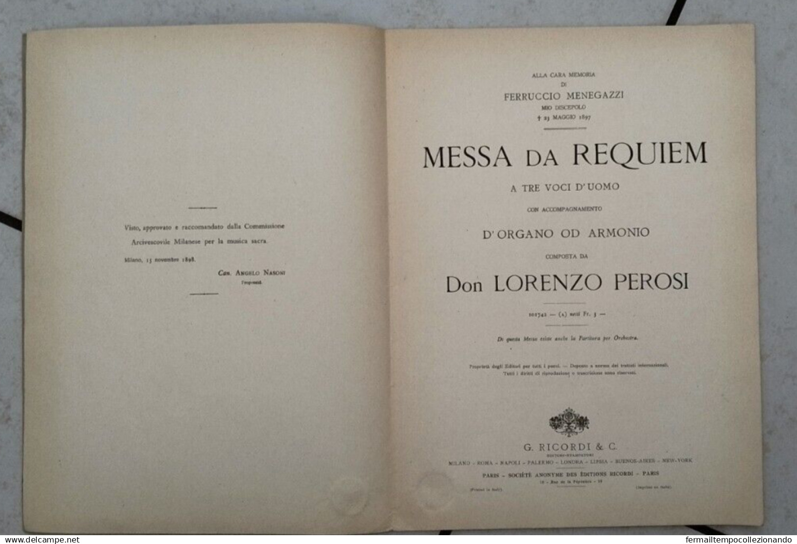 Bn Spartito Musicale Messa Da Requiem A Tre Voci D'uomo  Edizioni Ricordi 1897 - Noten & Partituren