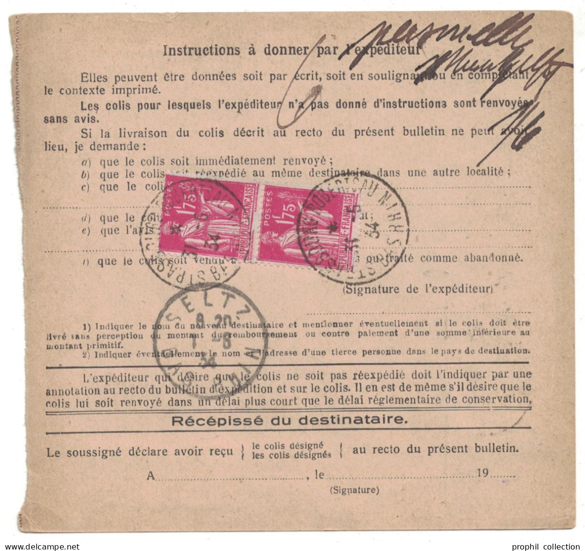 BULLETIN D'EXPÉDITION COLIS POSTAUX De STRASBOURG ROBERTSAU TIMBRE FISCAL + TYPE PAIX 1934 - Briefe U. Dokumente