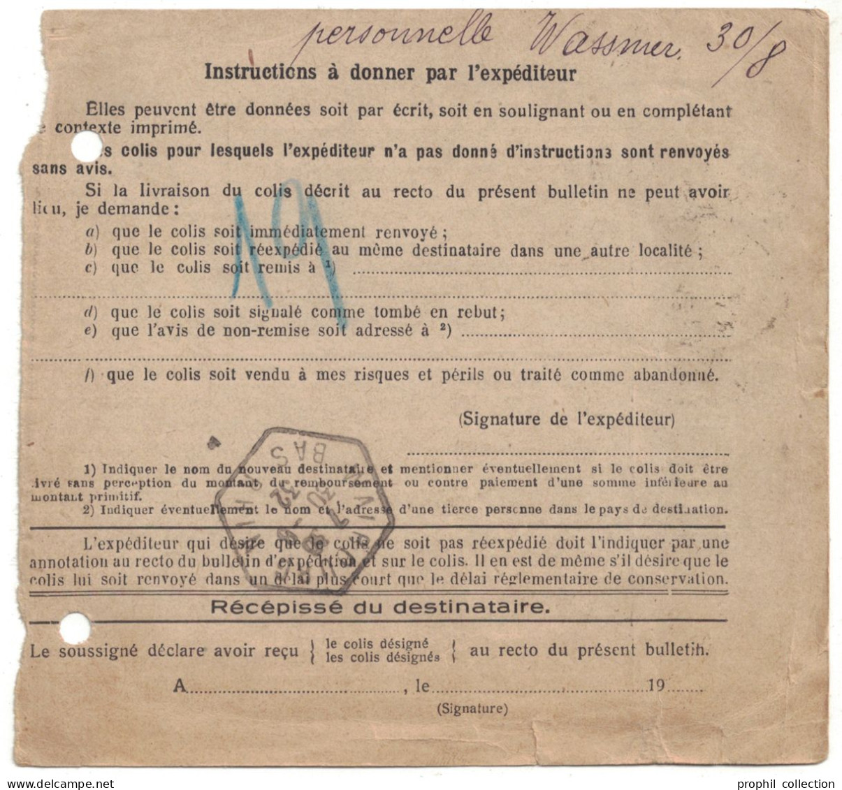 BULLETIN D'EXPÉDITION COLIS POSTAUX De ROSHEIM (RHIN) TIMBRE FISCAL + SEMEUSE 1932 - Covers & Documents