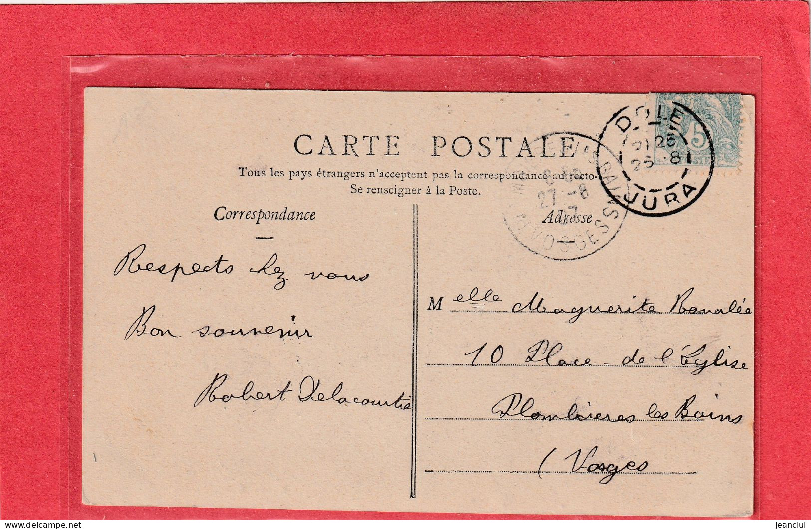 7. DOLE . JARDIN DU COURS . AFFR A-CHEVAL RECTO / VERSO LE 26-8-1907 .  2 SCANNES - Dole