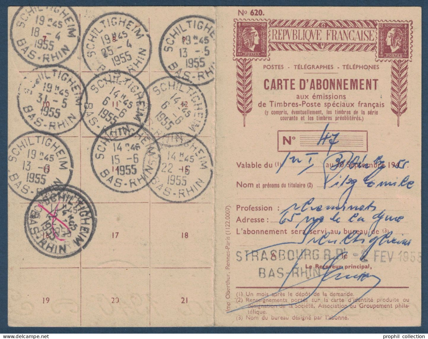 POSTE AÉRIENNE 500F MAGISTER N° 32 SEUL Sur CARTE D'ABONNEMENT AUX TIMBRES POSTE CACHET CAD STRASBOURG (RHIN) 1955 - Covers & Documents