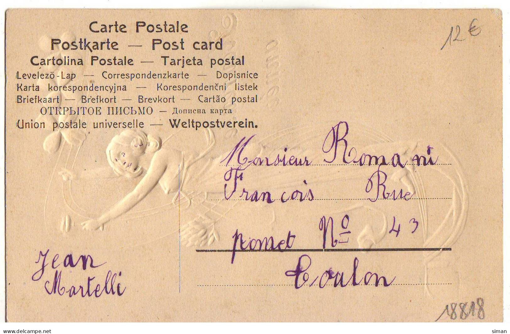 N°18818 - Carte Gaufrée - Art Nouveau - Bonne Année - Jeune Femme Jouant Avec Des Trèfles, Enveloppe - Nieuwjaar