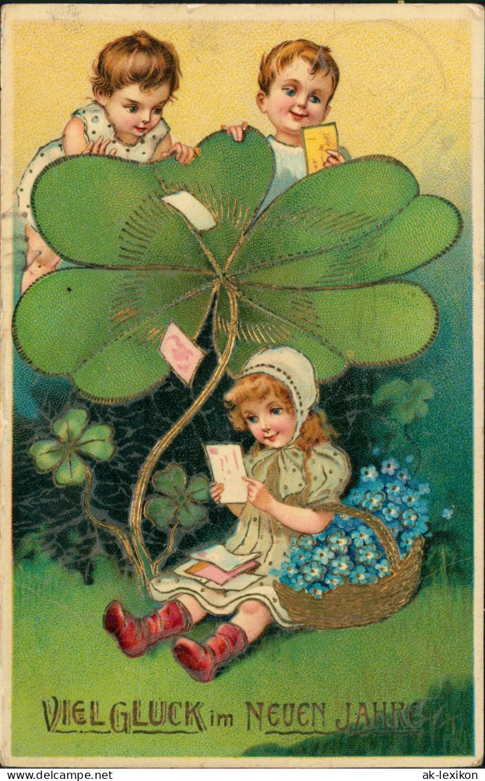 Neujahr Sylvester New Year: Kinder, Großes Kleeblatt 1909 Goldrand - Anno Nuovo