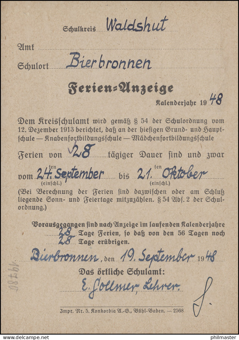 15 - 6 Pf Paar MeF Auf Ferienanzeige Postkarte WALDSHUT 21.9.48 An Kreisschulamt - Baden