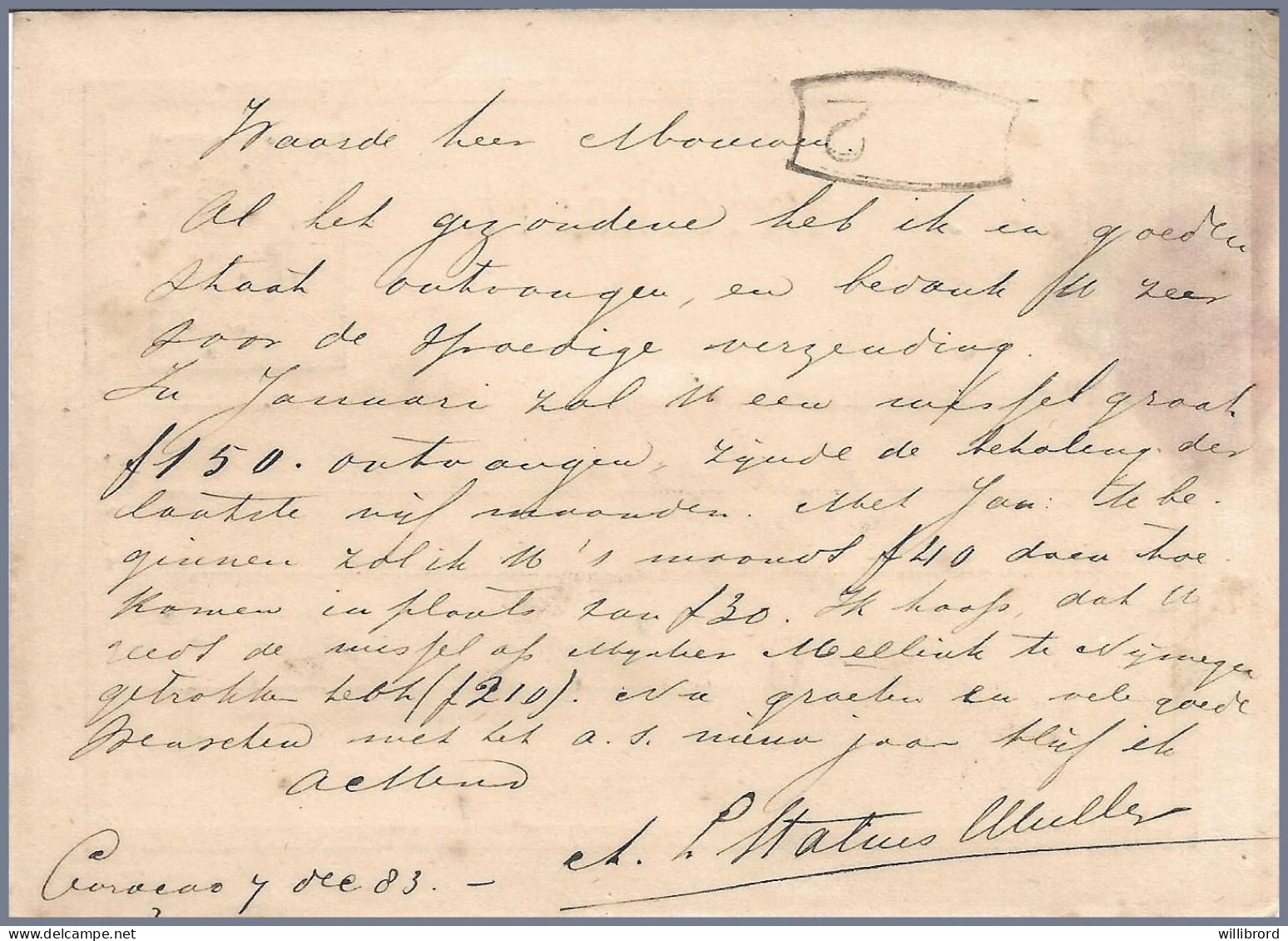 CURACAO - 1883 7½c On 12½ William III Postal Card - Numeral 203 - To Breeda NETHERLANDS - Geuzendam (2008) 50€ - Curacao, Netherlands Antilles, Aruba