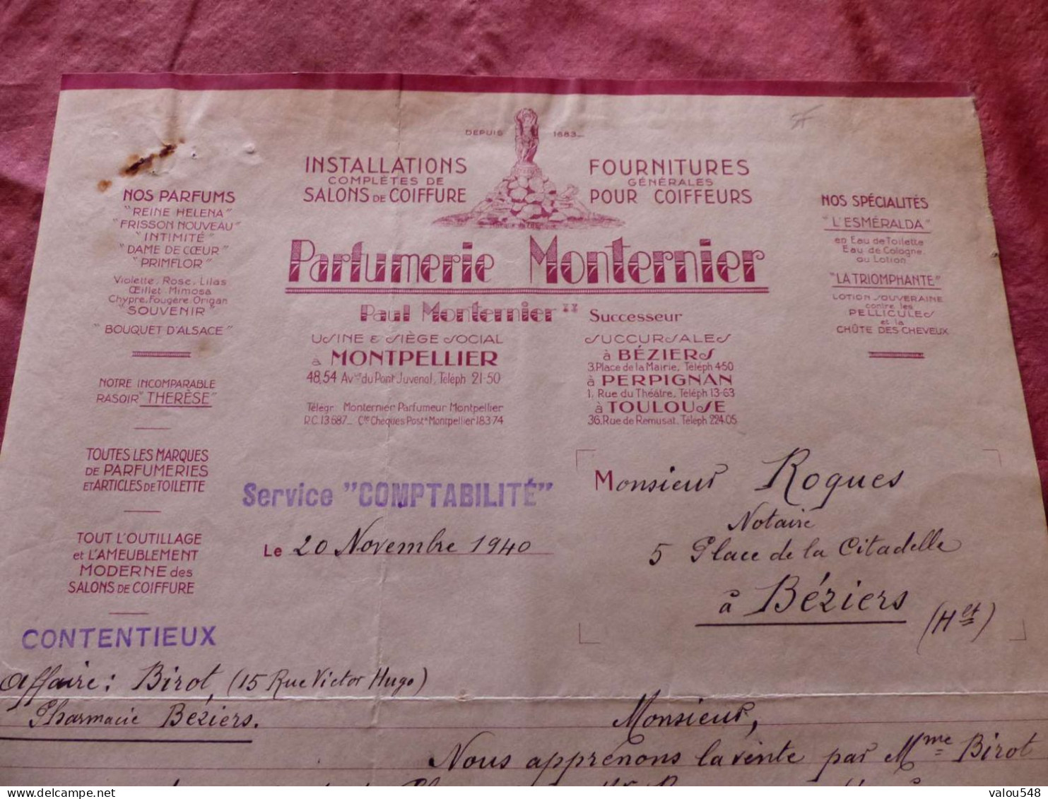 F-554 , Document, PARFUMERIE MONTERNIER , MONTPELLIER , 1940 - Drogisterij & Parfum