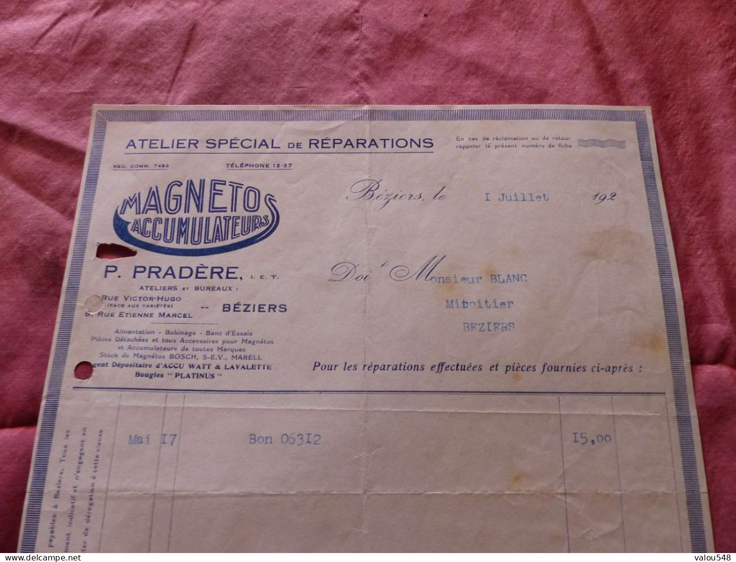 F-568 , FACTURE , Ateliers Spécial De Réparations MAGNETOS ACCUMULATEURS, Pradère, Béziers, 192? - Cars