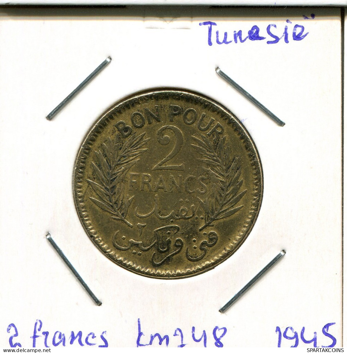 2 FRANCS 1945 TÚNEZ TUNISIA Moneda Muhammad VIII #AP808.2.E.A - Túnez