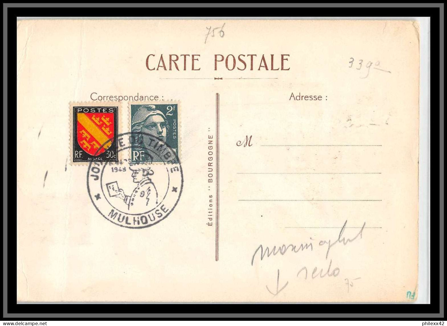 49325 N°756 Armoiries De Provinces Alsace Blason Journée Du Timbre 1948 France Carte Maximum (card) édition Bourgogne - 1940-1949