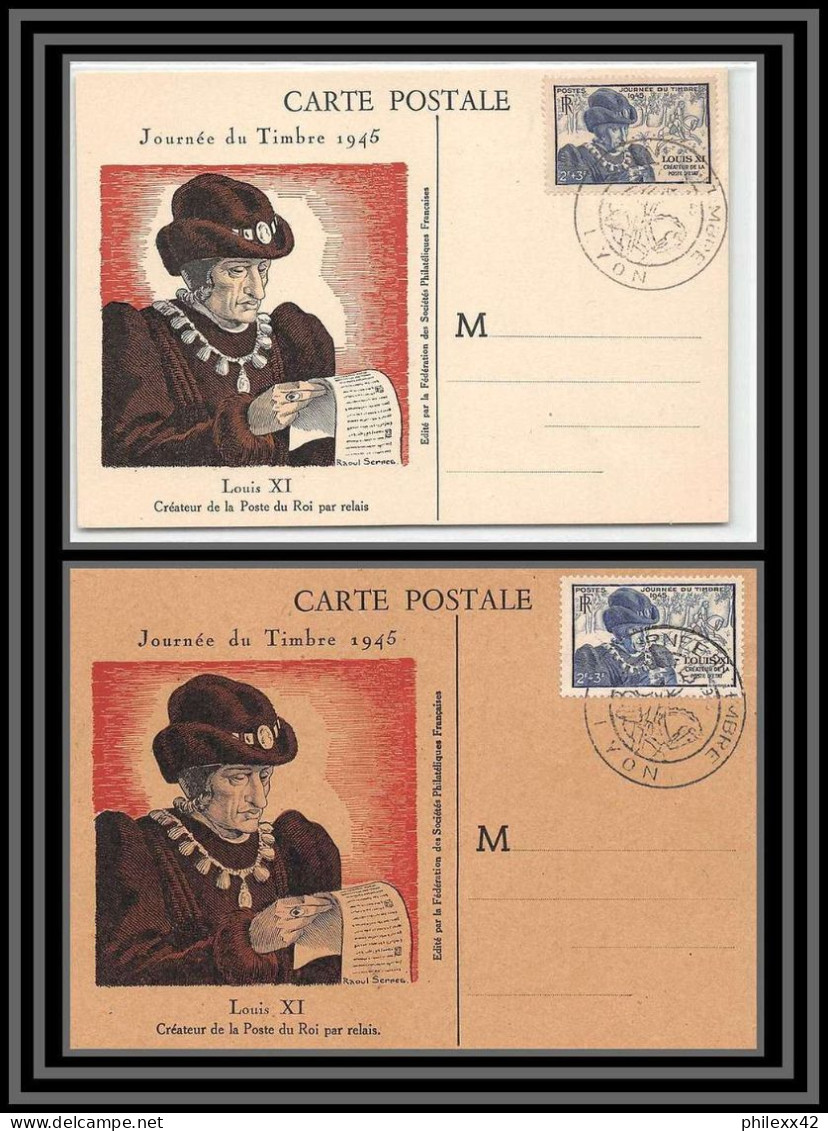 49334 N°743 Journée Du Timbre 1945 Louis XI Roi (king) Lyon 1945 Carte Foncée + Claire France Carte Maximum Fdc - Lettres & Documents