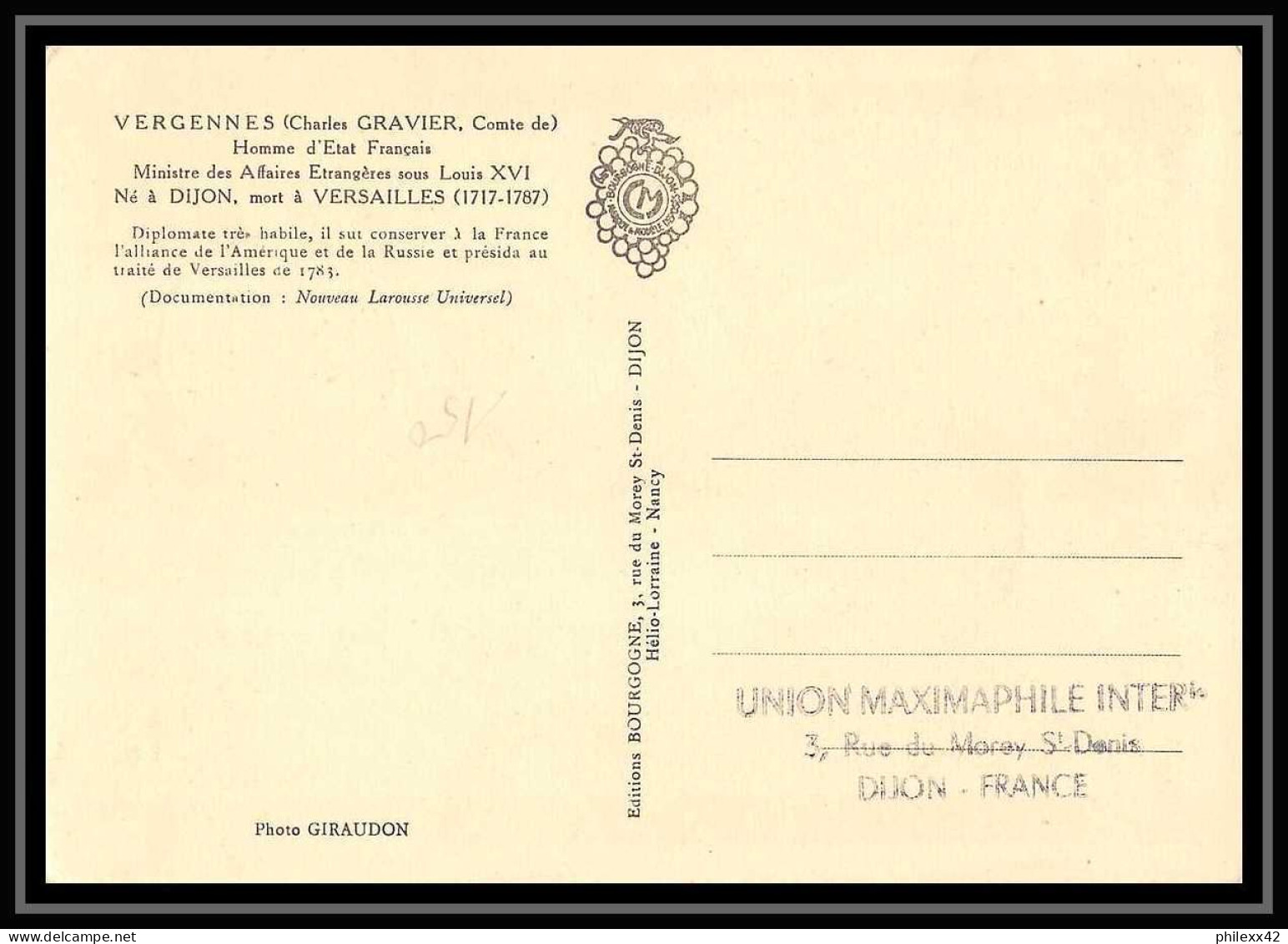 5803/ Carte Maximum France N°1030 Charles Gravier Comte De Vergennes 1955 Fdc édition Bourgogne - 1950-1959