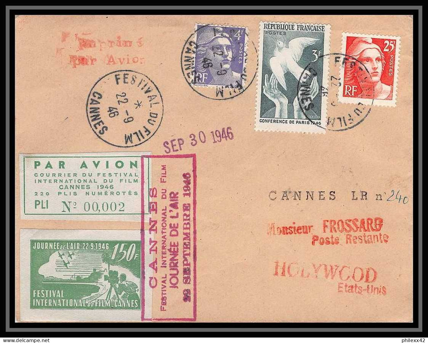 4112 France Lettre (cover) Festival De Cannes Movie Vignette Journée De L'air 1946 Pour Hollywood Cinema Usa - Lettres & Documents