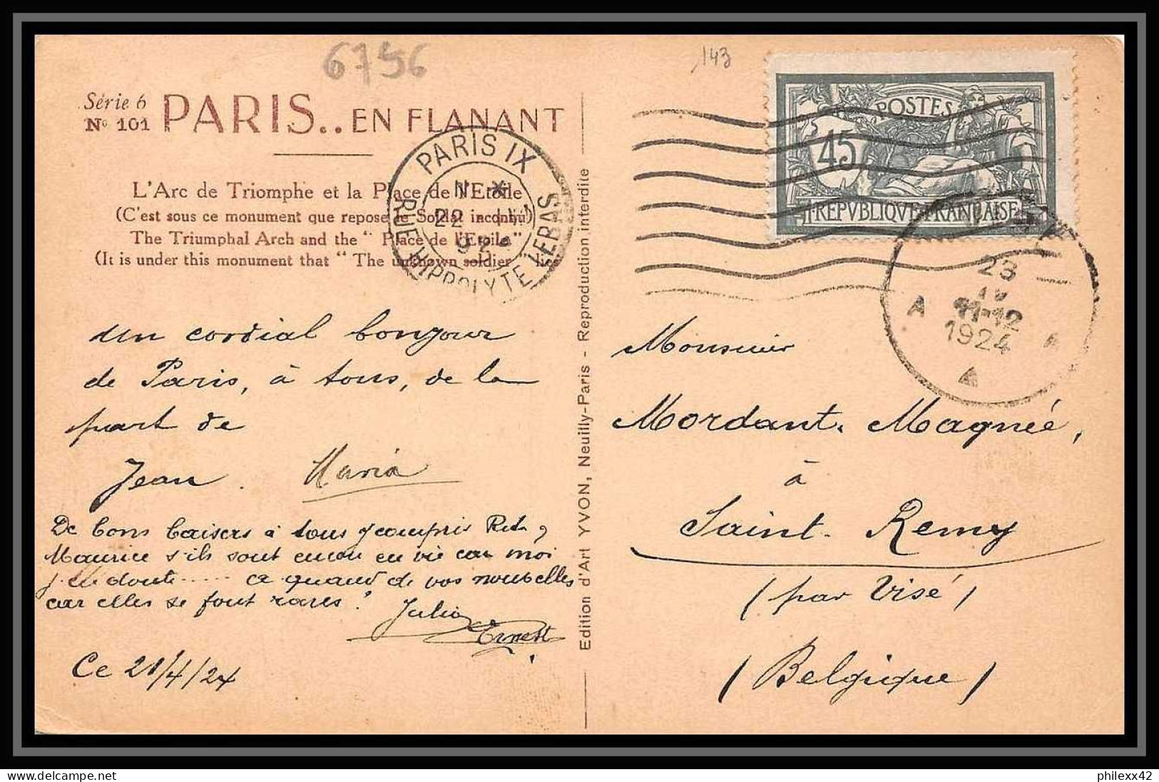 6756 N 143 Merson Paris 1924 Pour St Remy Belgique France Seul Sur Carte Postale (postcard)  - 1921-1960: Moderne