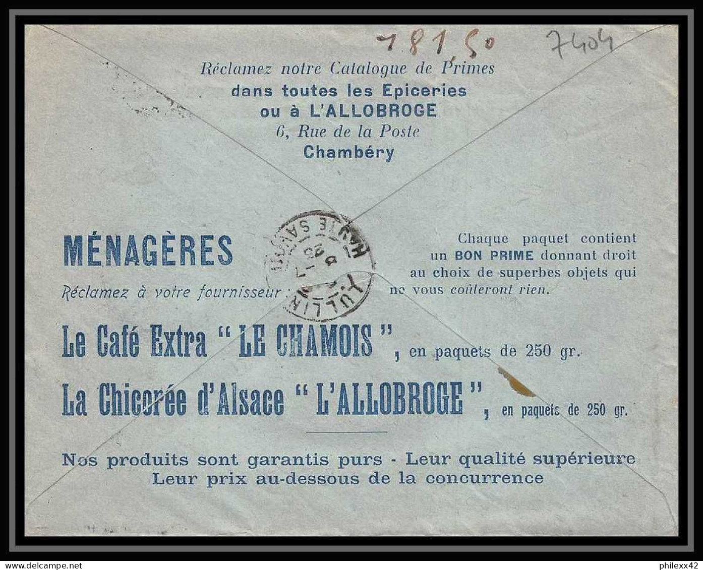 7404 Enveloppe Illustree Alimentation L'allobroge 1926 Chambery Savoie Semeuse France Lettre (cover) TB Etat - 1921-1960: Modern Period