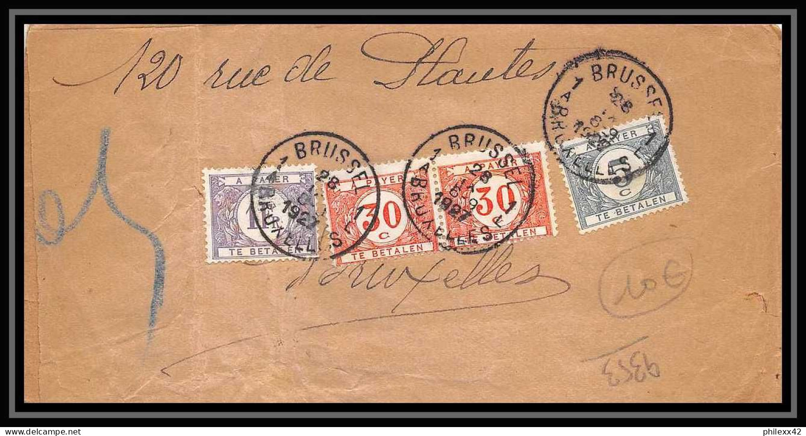 9353 Taxe N°223 Semeuse 50c Paris Bruxelles 1927 Belgique France Lettre Partielle Cover - 1859-1959 Covers & Documents