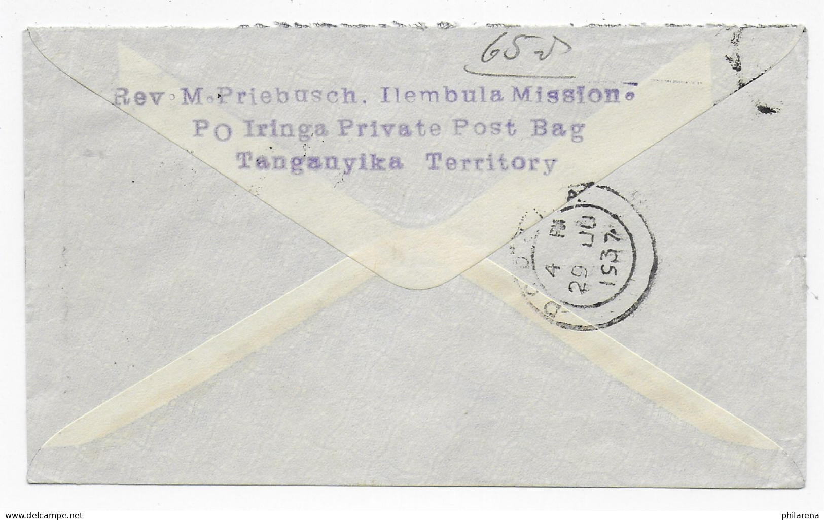 Air Mail, Private Post Bag, Tanganyika Territory, Ilembla Mission 1937 To Berlin - Tanzania (1964-...)