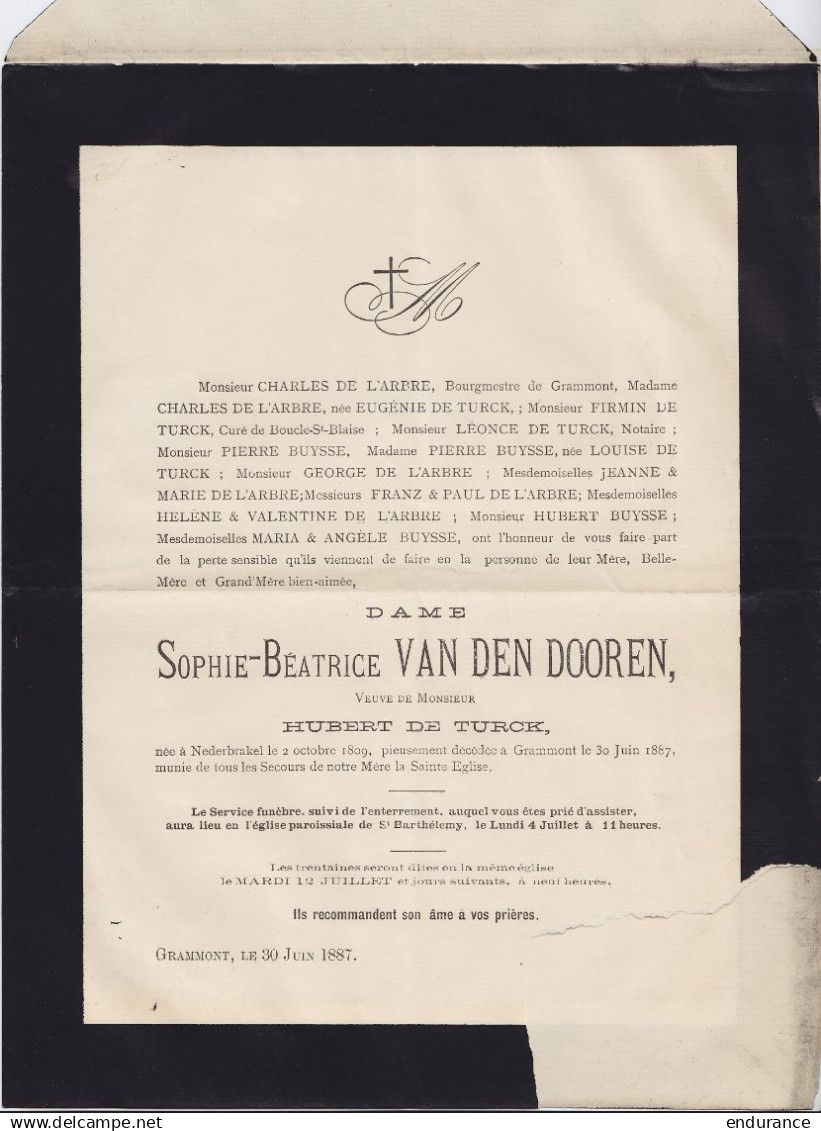 Faire-part Décès Sophie-Béatrice Van Den Dooren Affr. N°43 Càd GRAMMONT /1 JUIL 1887 Pour Chanoine à L'Evéché De GAND (a - 1869-1888 Liggende Leeuw