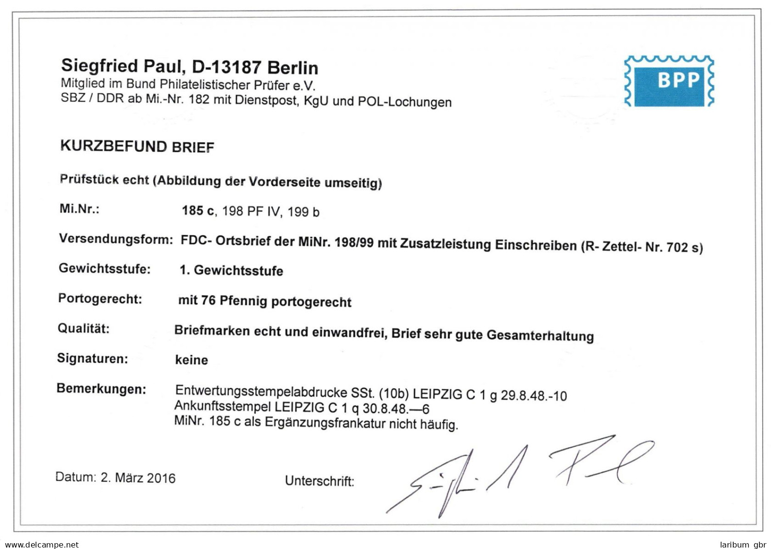 SBZ 185 C, 198, 199 B Als Ersttagsbrief Portogerecht, Kurzbefund Paul BPP #IP489 - Otros & Sin Clasificación