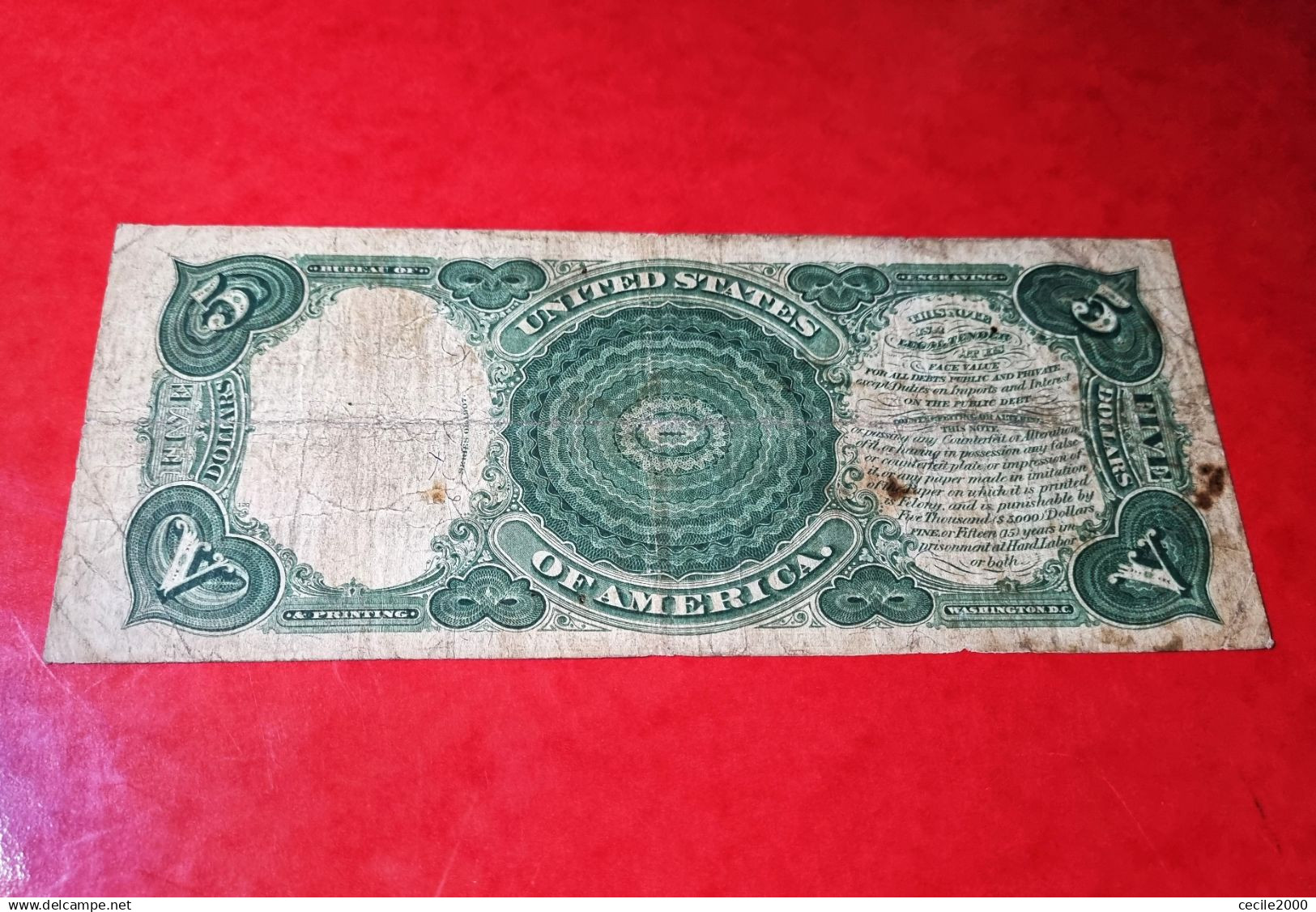 1907 USA $5 DOLLAR *RED SEAL NOTE* UNITED STATES BANKNOTE F+ BILLETE USA COMPRA MULTIPLE CONSULTAR - United States Notes (1862-1923)