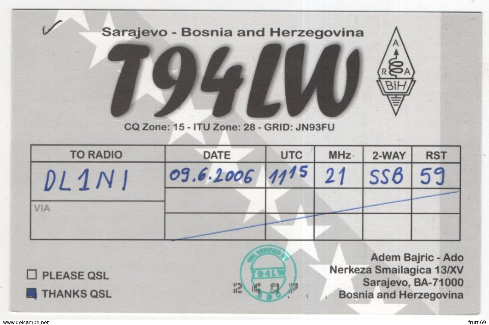 AK 221336 QSL - Bosnia And Herzegovina - Sarajevo - Radio Amatoriale