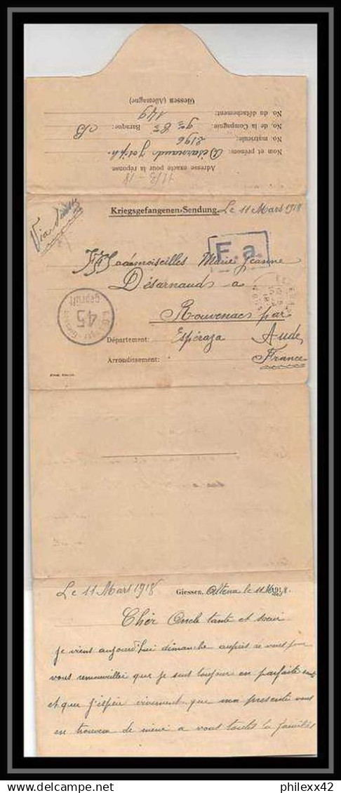 7223/ Carte De Prisonnier De Guerre (War) 1914/1918 Kriegsgefangenen Giessen Pour Rouvenac Aude 1918 - WW I