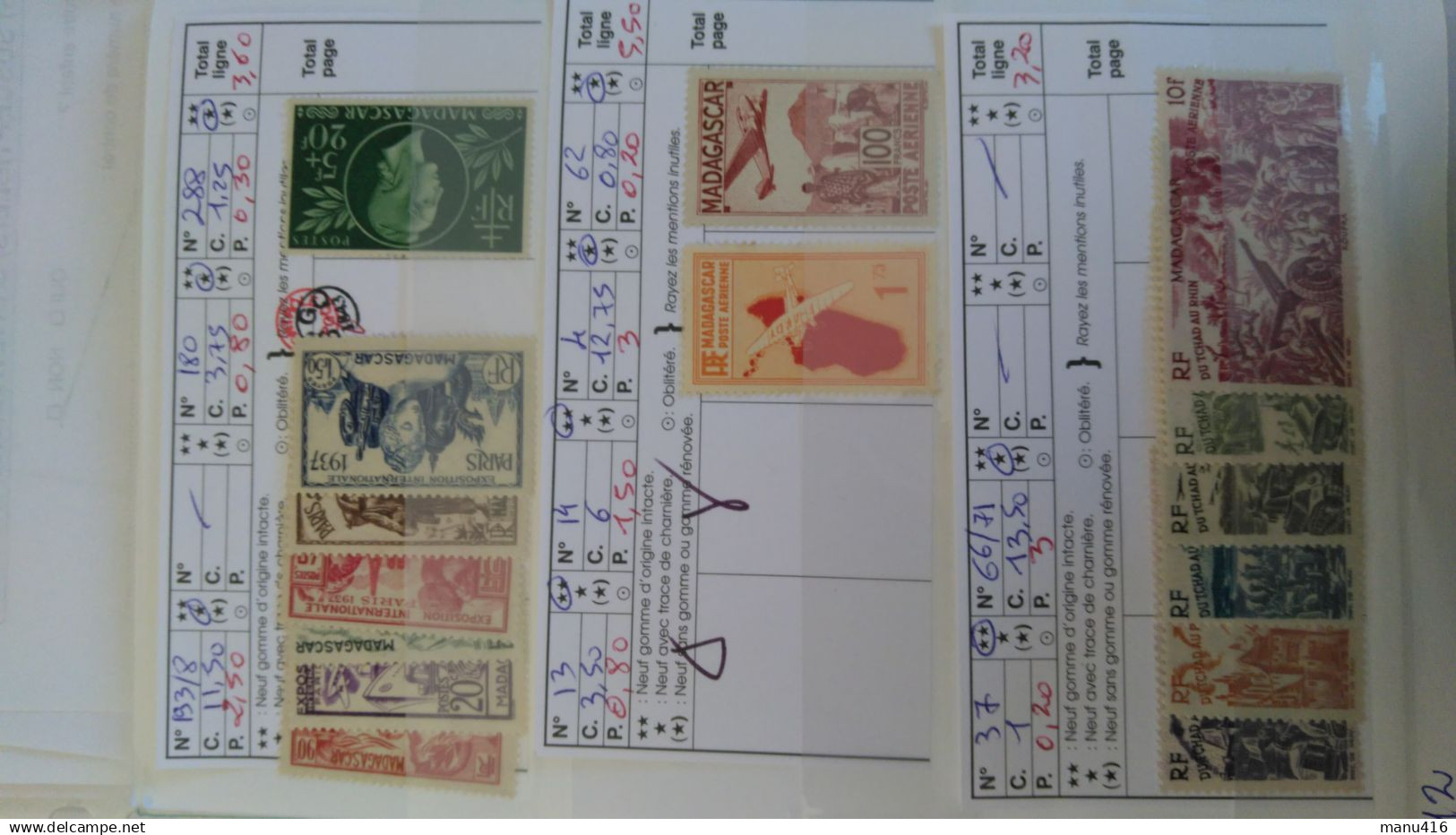 Madagascar lot de 88 timbres neufs et oblitérés, cote 318 euros très anciens + PA, voir le scan. Port offert.