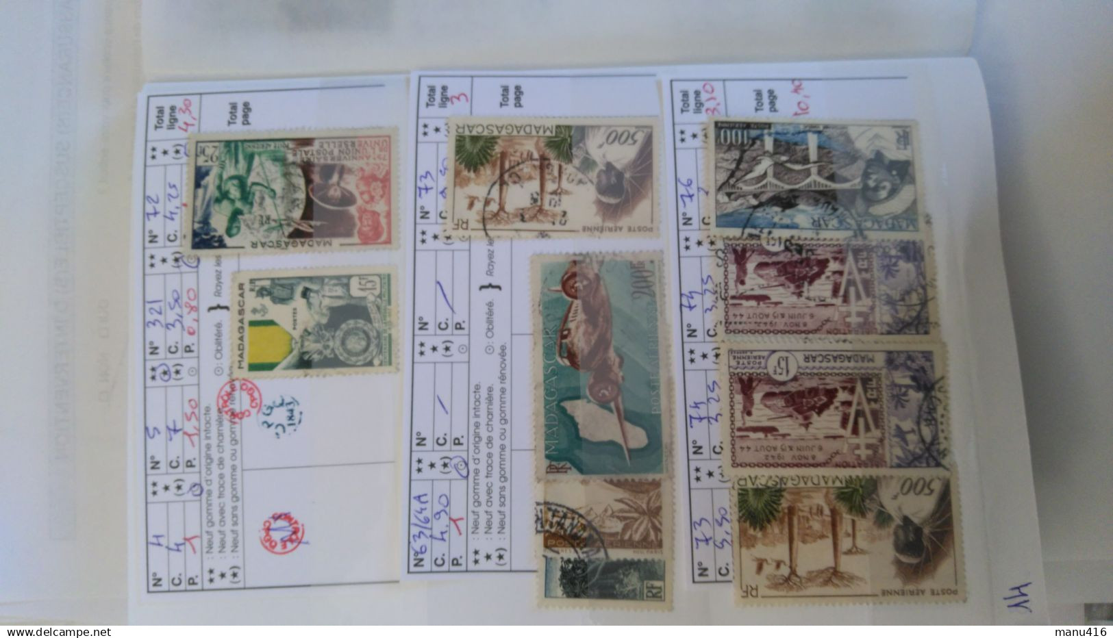 Madagascar lot de 88 timbres neufs et oblitérés, cote 318 euros très anciens + PA, voir le scan. Port offert.