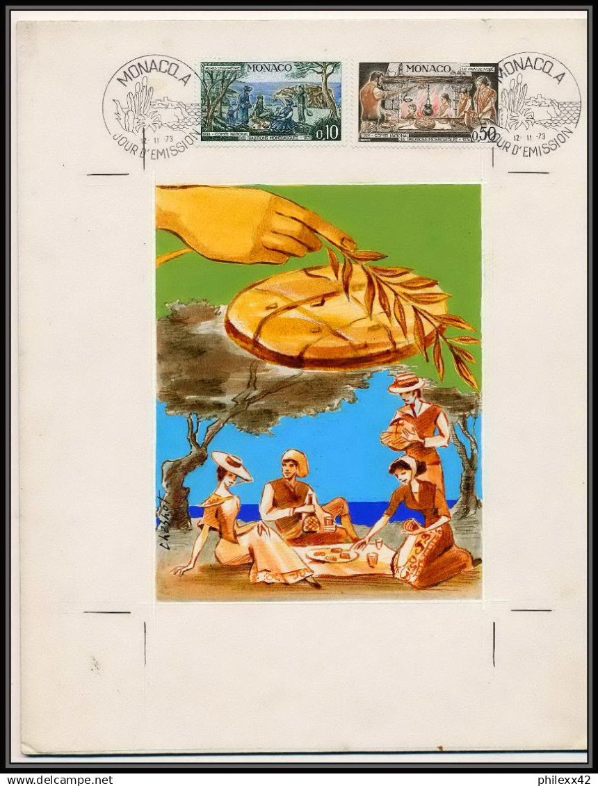 3038 Monaco N°939/943 Repas Food Pain De Noel Christmas Maquette D'artiste Original Artist Work FDC Signé Chesnot 1973 - Food