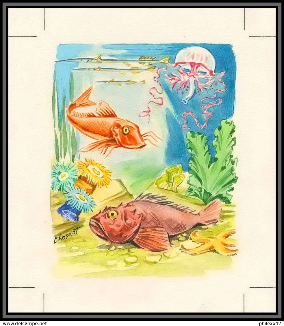 3027 Monaco N°805 Poissons Fish Fishes Maquette D'artiste Original Paint Artist Work FDC Signé Chesnot 1969 - Neufs