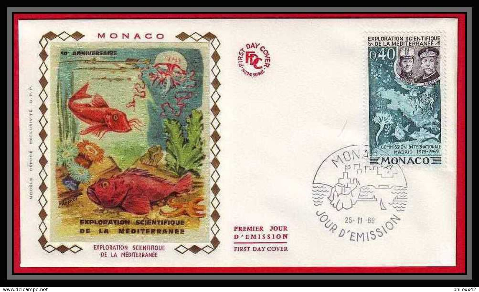 3027 Monaco N°805 Poissons Fish Fishes Maquette D'artiste Original Paint Artist Work FDC Signé Chesnot 1969 - Unused Stamps