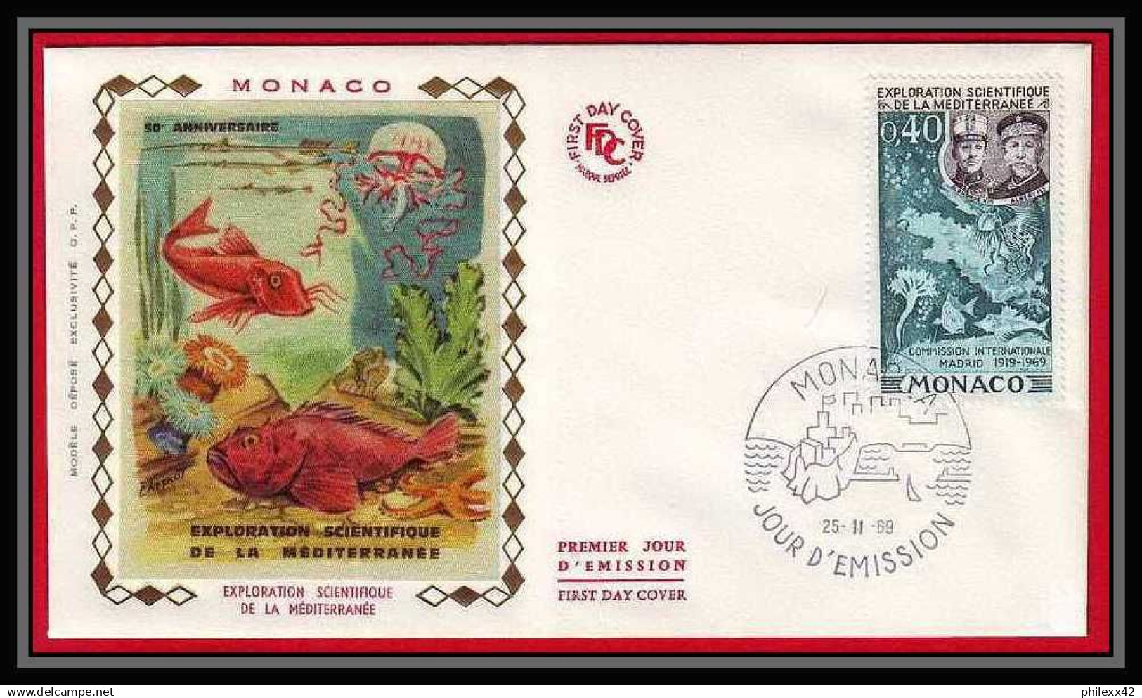 3027 Monaco N°805 Poissons Fish Fishes Maquette D'artiste Original Paint Artist Work FDC Signé Chesnot 1969 - Ongebruikt