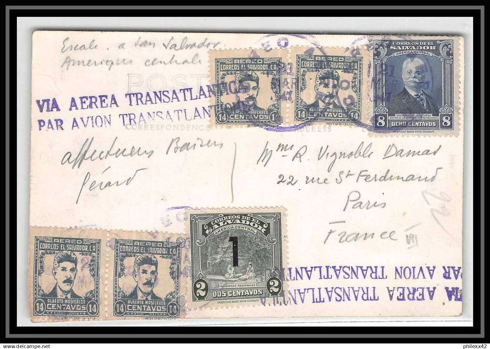 41920 RRR Salvador Via Aerea Transatlantica Transatlantique 21/3/1941 Aviation PA Poste Aérienne Airmail Lettre Cover - Salvador