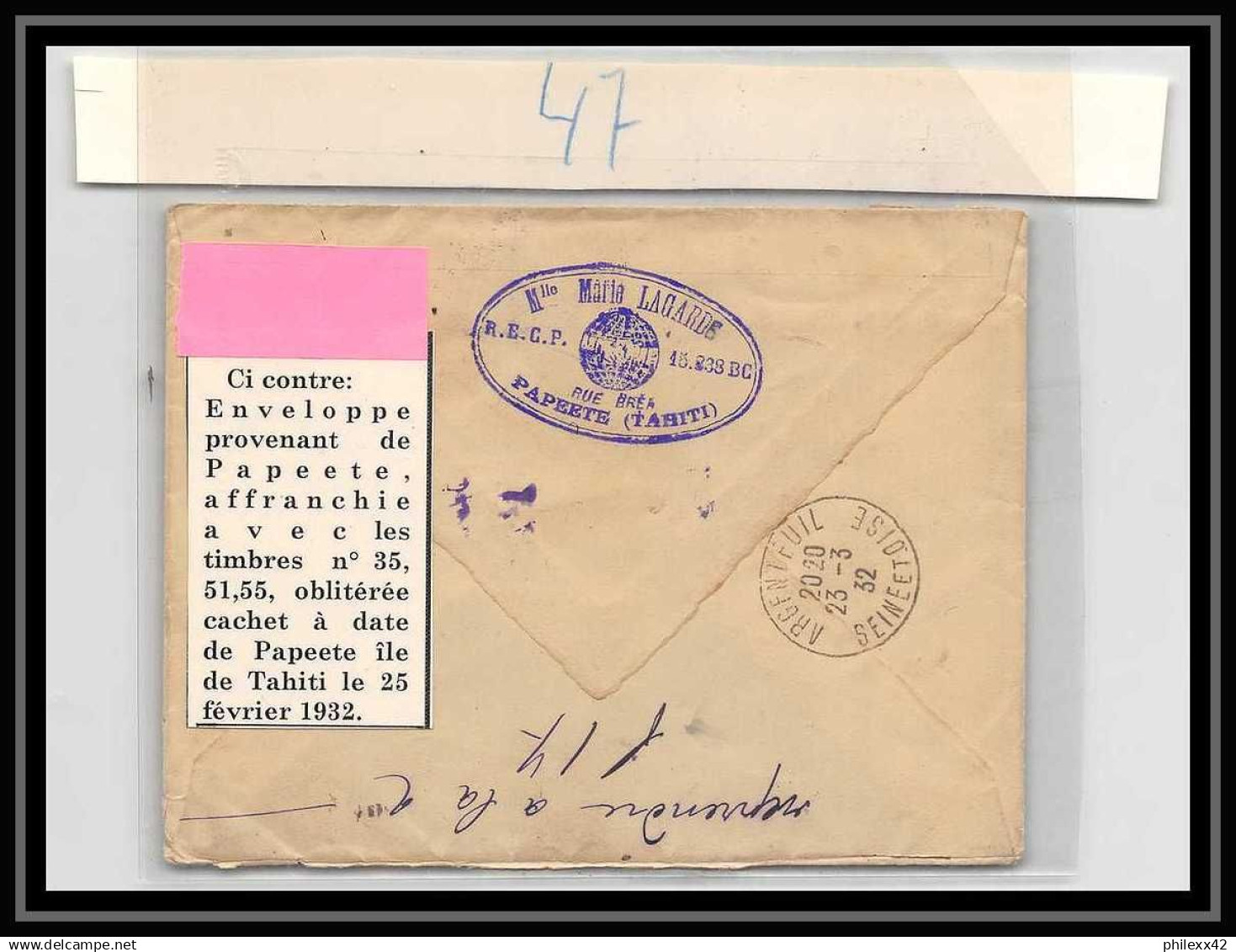 41614 Oceanie N°35 51 55 Recommandé Tahiti PAPEETE Pour Argenteuil 1932 Aviation PA Poste Aérienne Airmail Lettre Cover - Aéreo