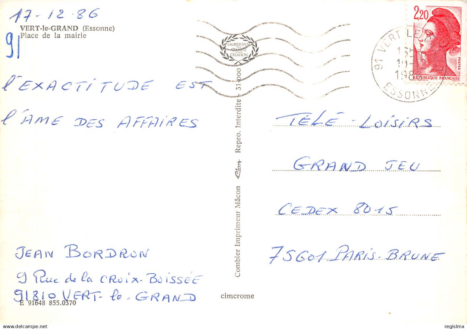 91-VERT LE GRAND-N°T2183-C/0165 - Other & Unclassified