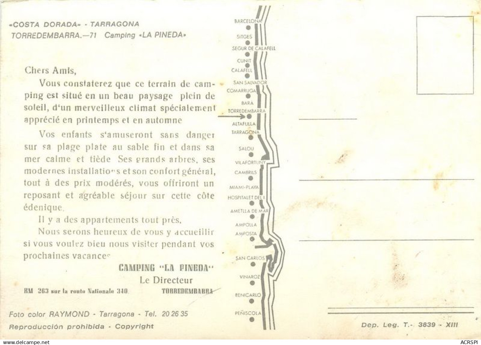  TARRAGONA  TORREDEMBARRA Camping La Pineda Costa Dorada 3  (scan Recto-verso)MA1934Ter - Tarragona