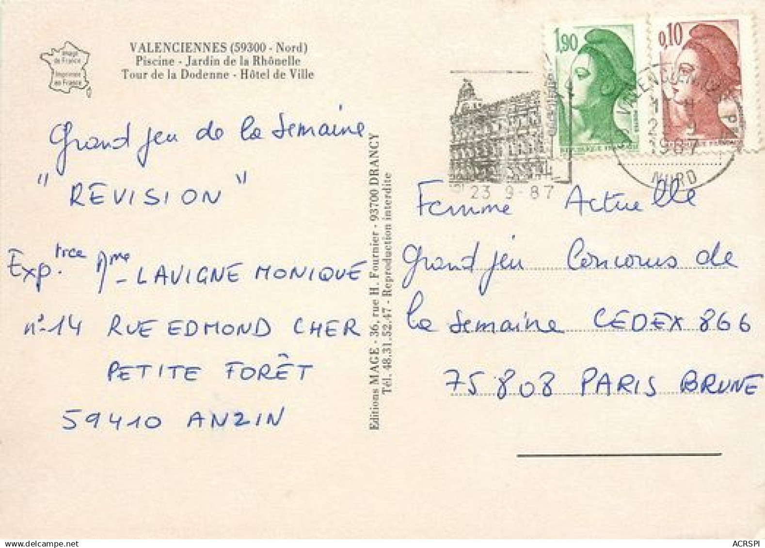 VALENCIENNES Piscine Jardin Et Tour  9 (scan Recto-verso)MA2028Ter - Valenciennes