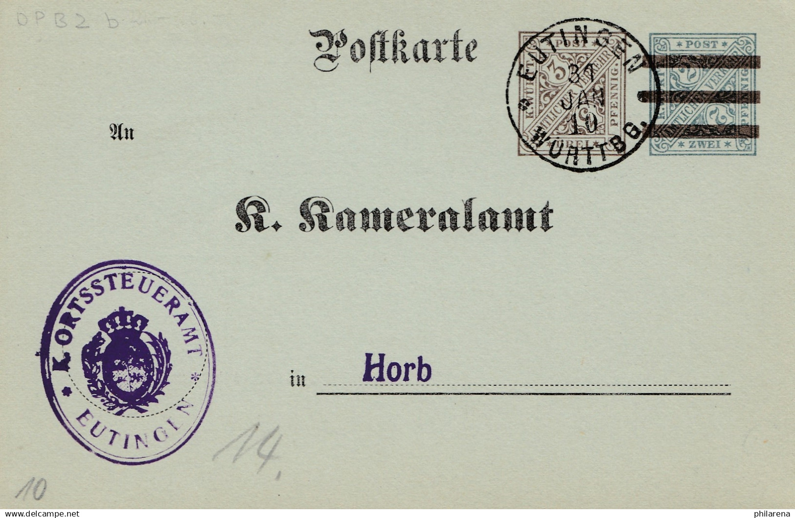 Eutingen Nach Horb 1910: Nachweis über Branntweinerzeugung - Storia Postale