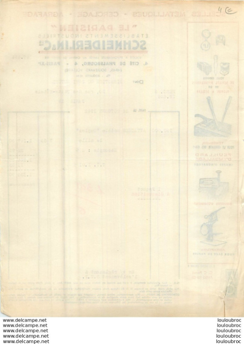 FACTURE 1942 SCHNEIDERLIN ET CIE SCELLES METALLIQUES CERCLAGE AGRAFAGE  4 CITE DE PHALSBOURG PARIS XI - 1900 – 1949