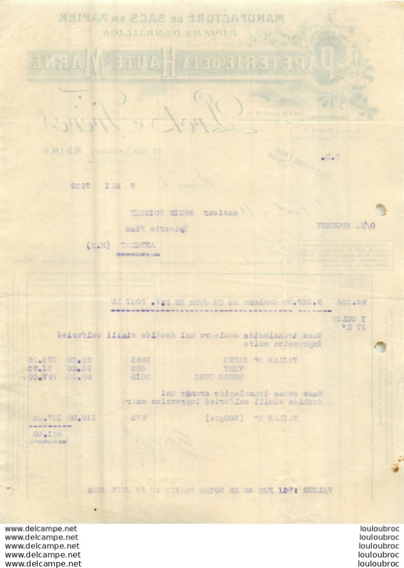 FACTURE 1929 PAPETERIE DE HAUTE MARNE PROT FRERES A REIMS 22 RUE LECOINTRE - 1900 – 1949