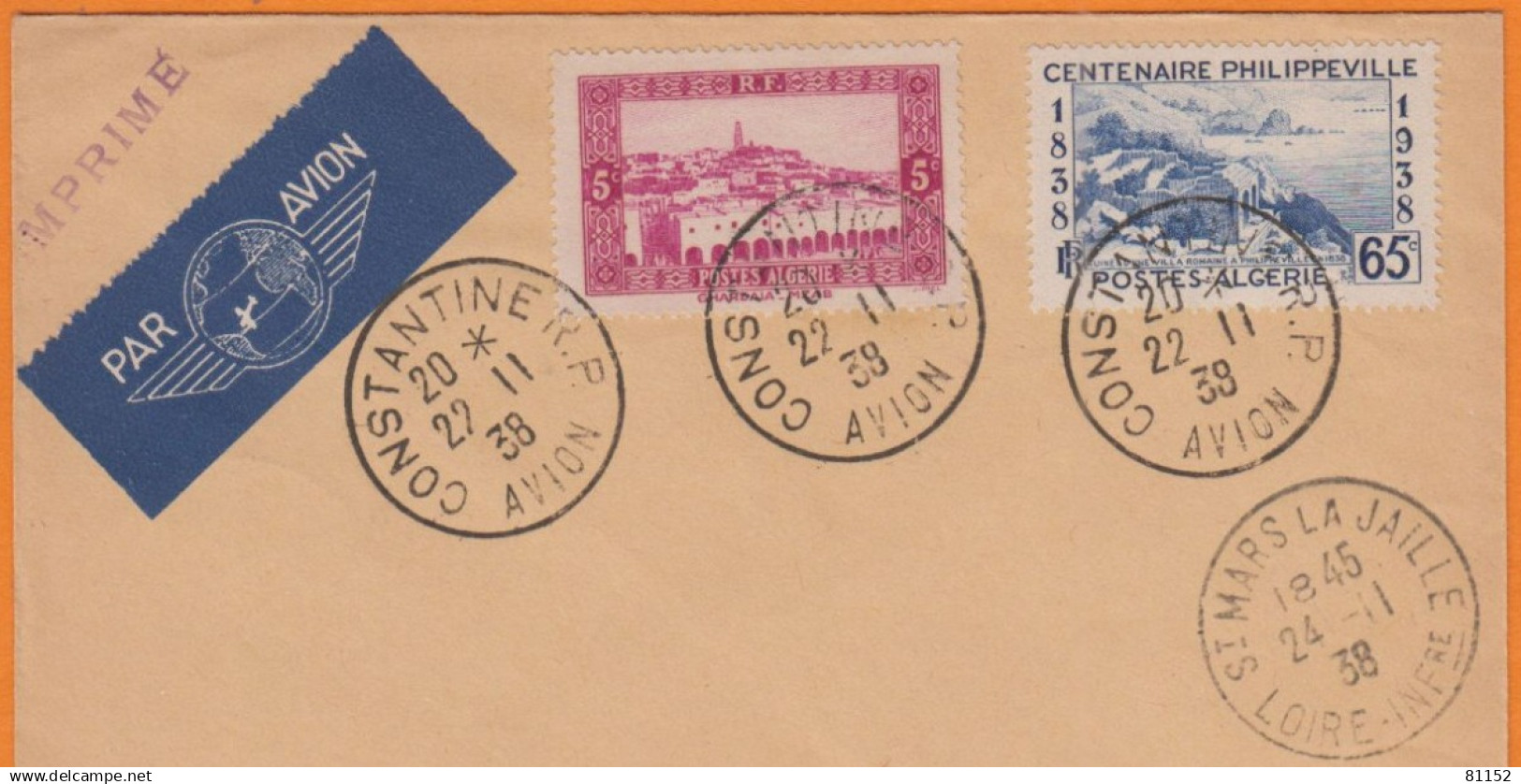 Lettre De  CONSTANTINE R.P. AVION  Algérie  Le 22 II 1938 Avec 5c + 65c  Pour 44 SAINT-MARS-LA-JAILLE - Luftpost