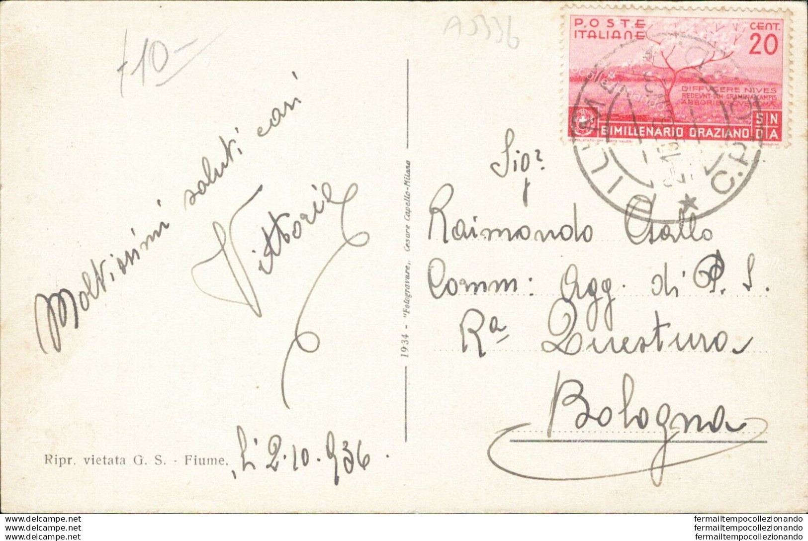 Ao336 Cartolina Fiume Tempio Votivo Di Cosala 1936 Croazia - Other & Unclassified