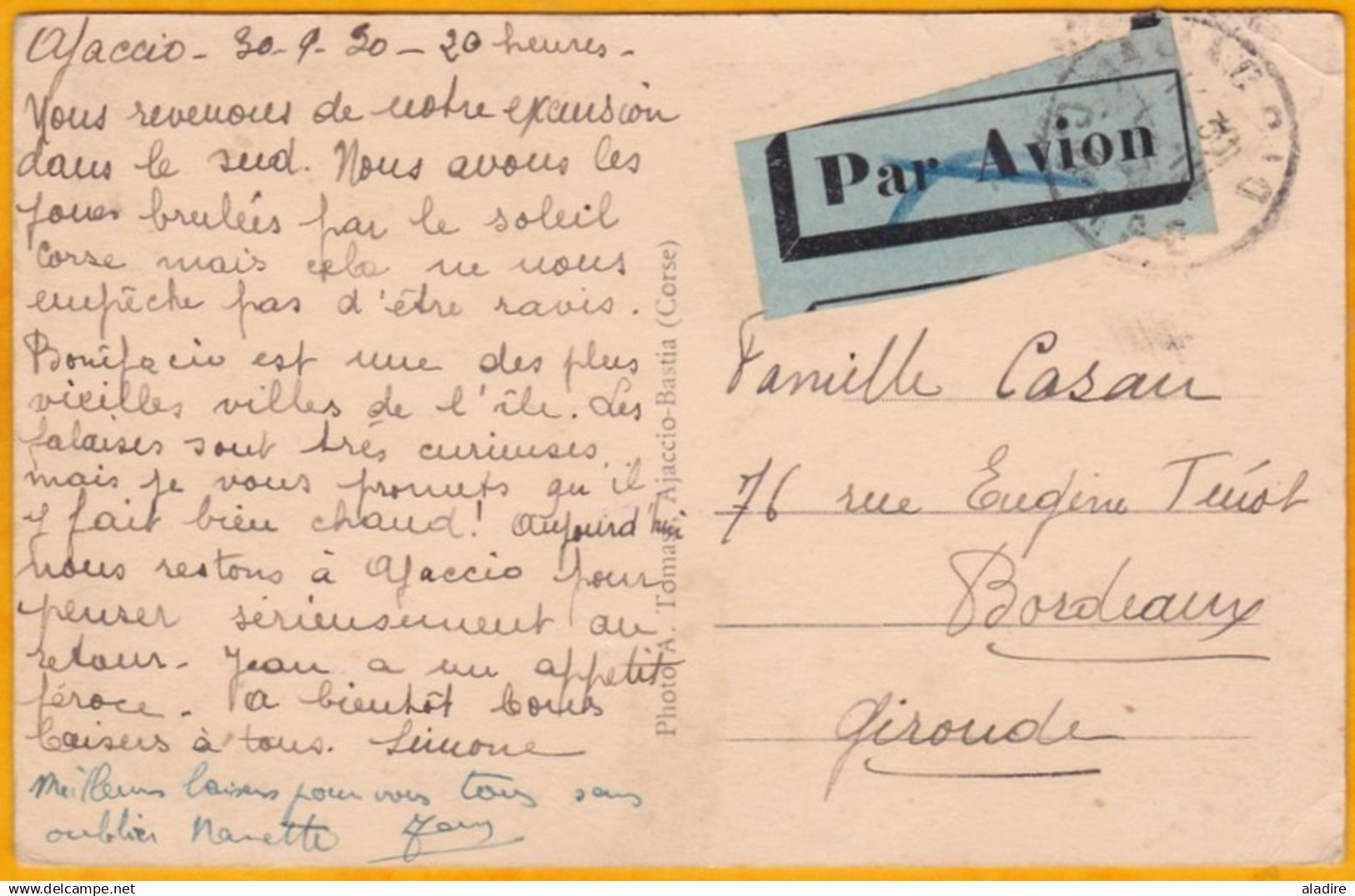 1930 - CP D'Ajaccio, Corse Vers Bordeaux, France  Par Avion - Affrancht Tricolore 75 C - Tarif Spécial Corse - Evisa - 1927-1959 Lettres & Documents