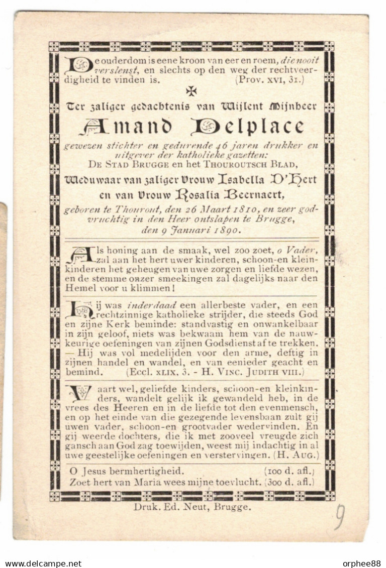 Delplace Amand Drukker De Stad Brugge En Thouroutsch Blad Wed D'Hert En Wed Beernaert Torhout 1810-Brugge 1890, - Avvisi Di Necrologio