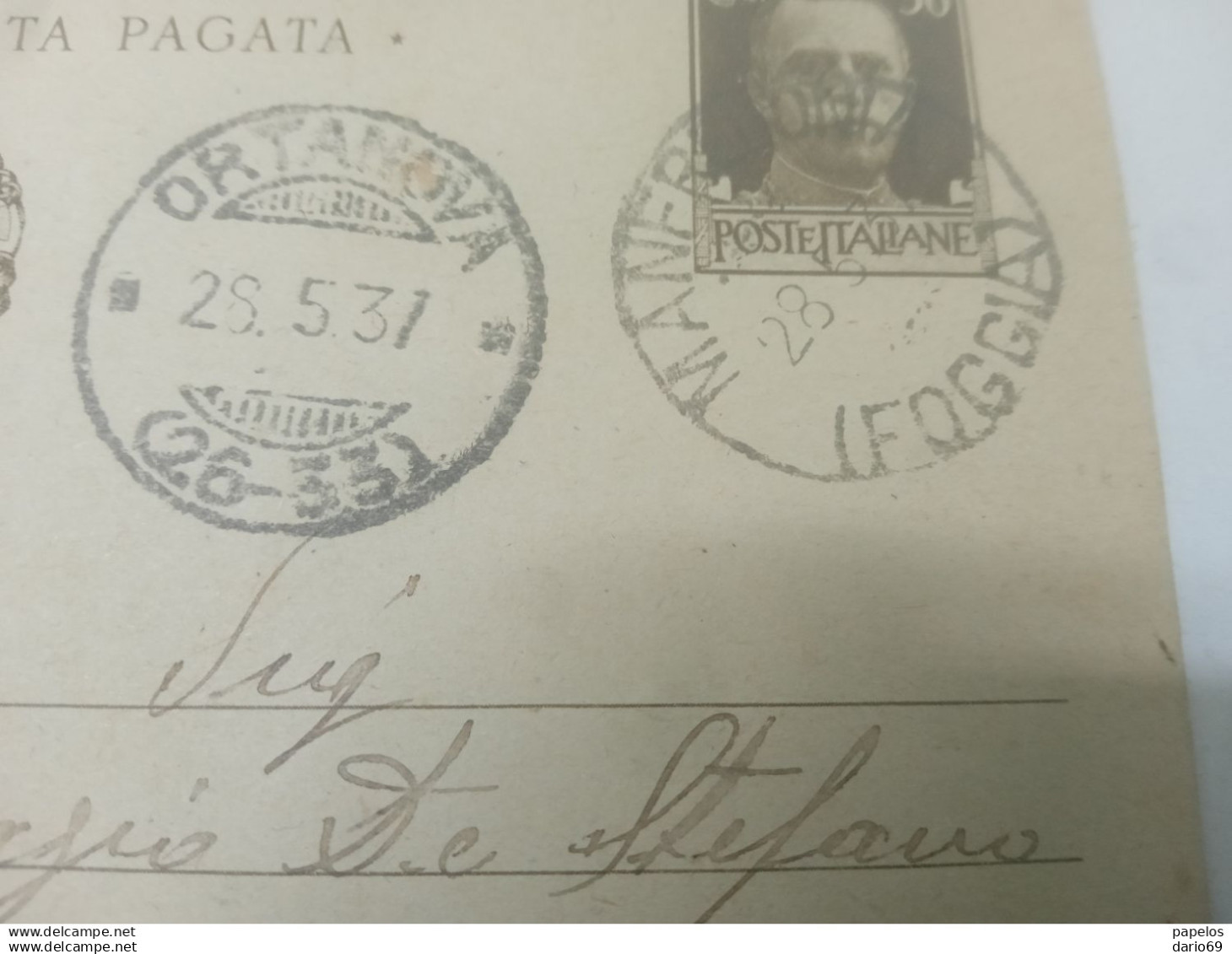 1937 CARTOLINA CON ANNULLO ORTANOVA FOGGIA + MANFREDONIA - Marcophilia