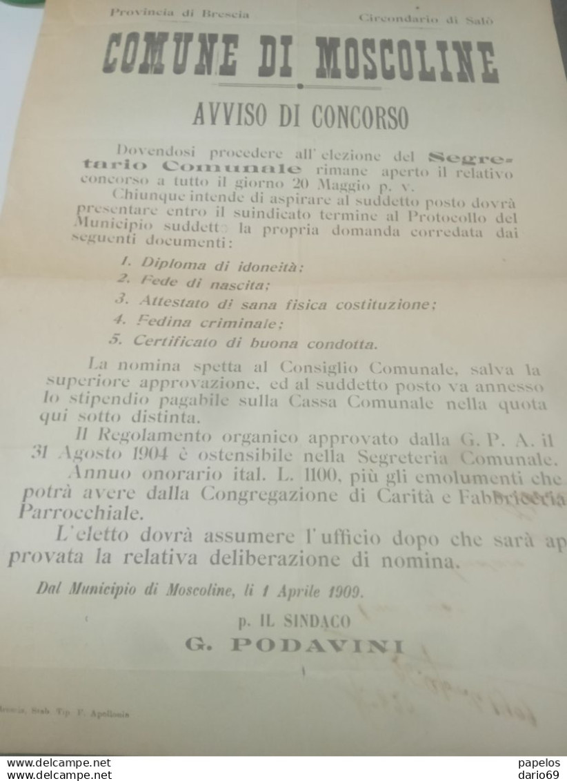 1909 MANIFESTO CON ANNULLO GAVARDO BRESCIA -  COMUNE DI MOSCOLINE AVVISO DI CONCORSO - Poststempel