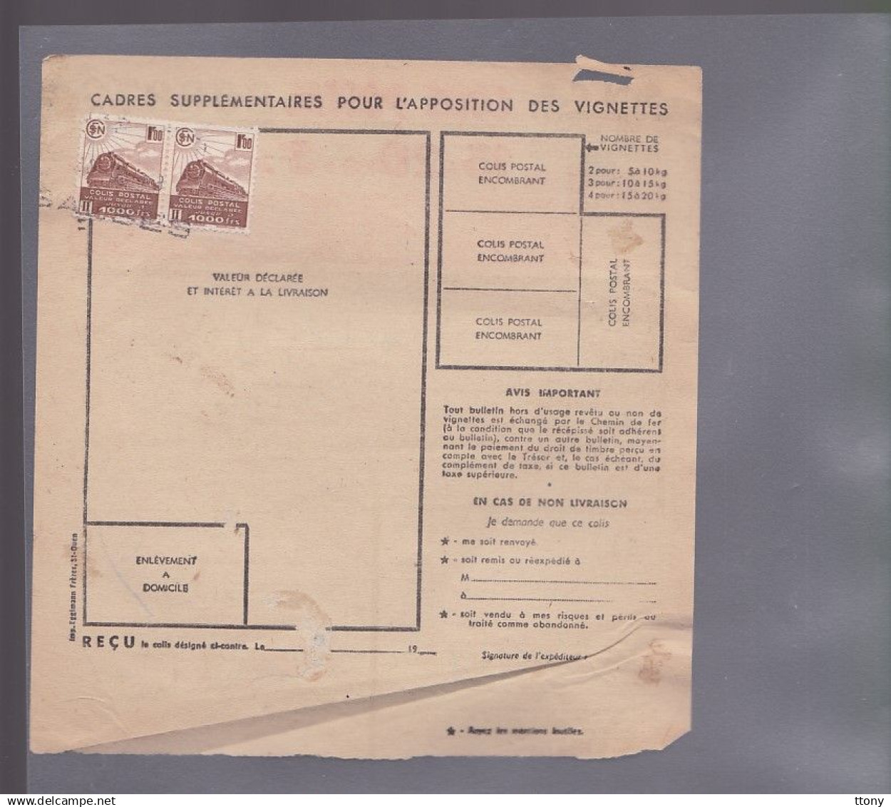 Colis Postal   Postaux   S.N.C.F  SNCF Bulletin D' Expédition Timbre 4,70 F & 1 F  1943 Vins Rivesaltes Salses - Cartas & Documentos