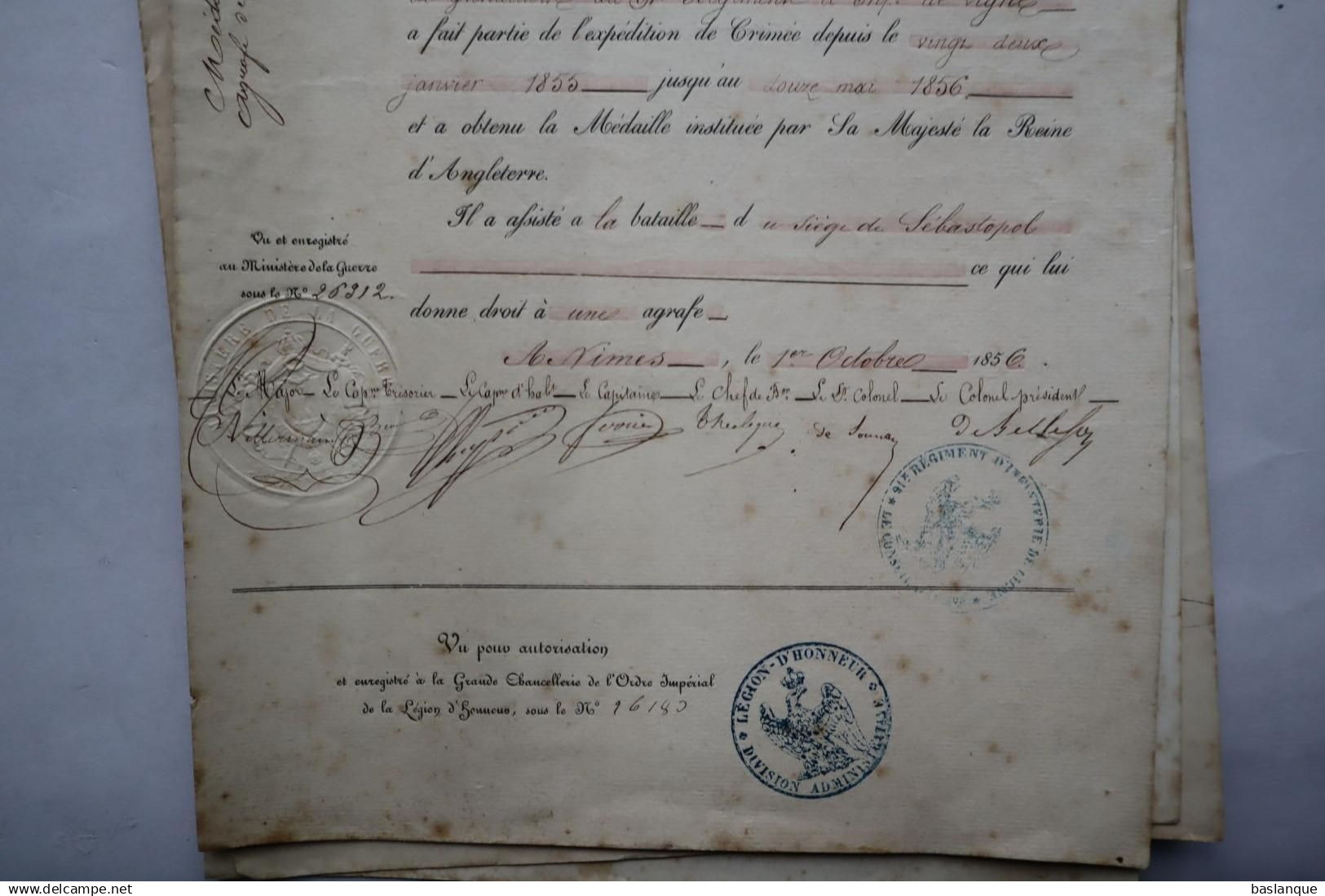 Ensemble Diplômes Sergent ORSAL Italie, Crimée, Légion D'honneur, Valor Militare Sarde 1859 - Documents Historiques