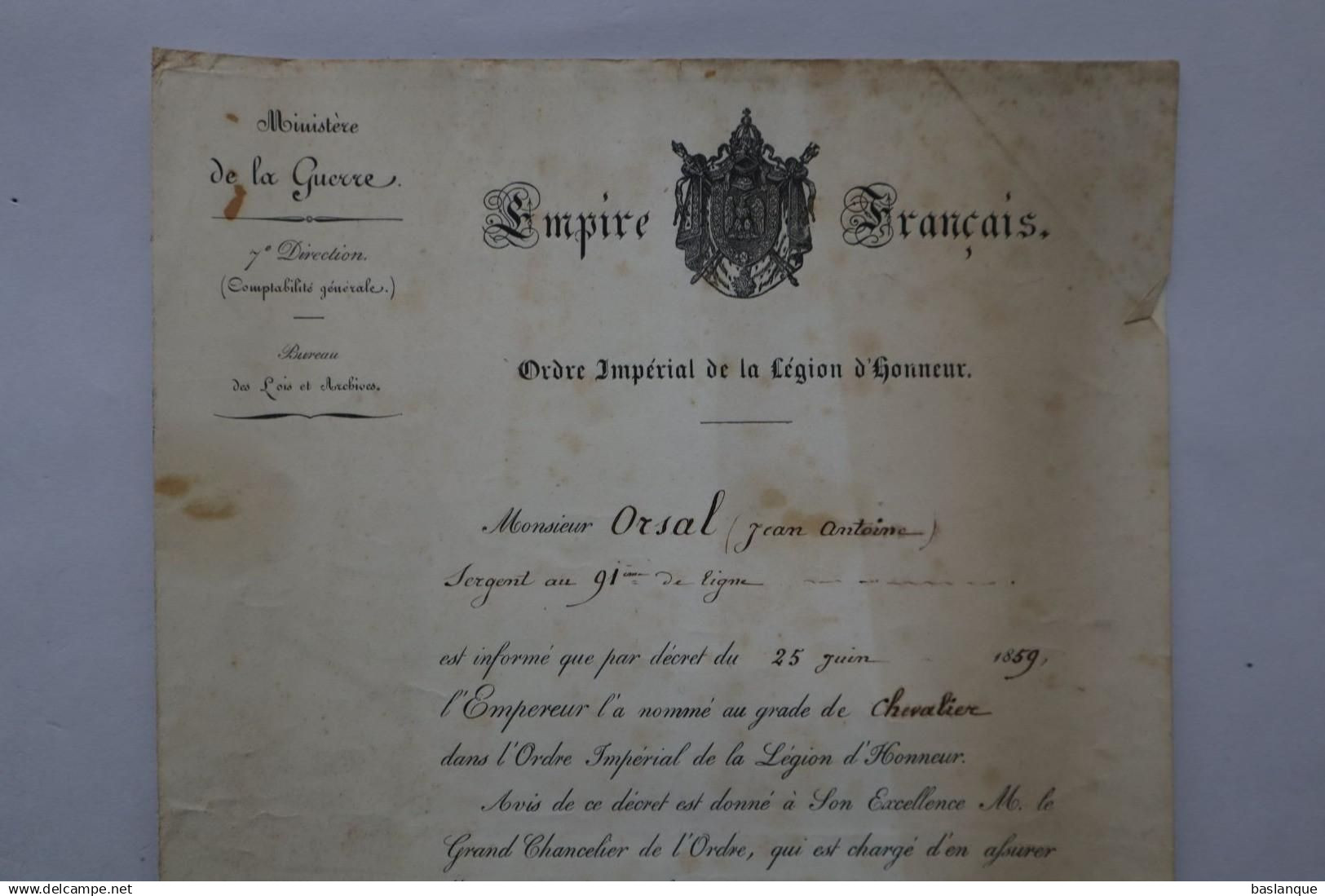 Ensemble Diplômes Sergent ORSAL Italie, Crimée, Légion d'honneur, Valor militare Sarde 1859