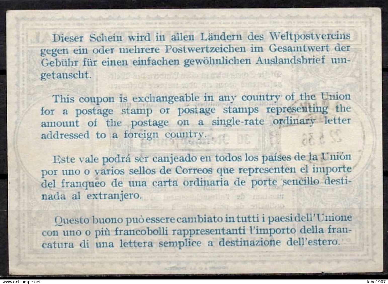 ALLEMAGNE GERMANY 1936,  Lo11  30 Rpf  Int. Reply Coupon Reponse Antwortschein IAS IRC O MAINZ 22.06.36  ( Mi.17 ) - Other & Unclassified