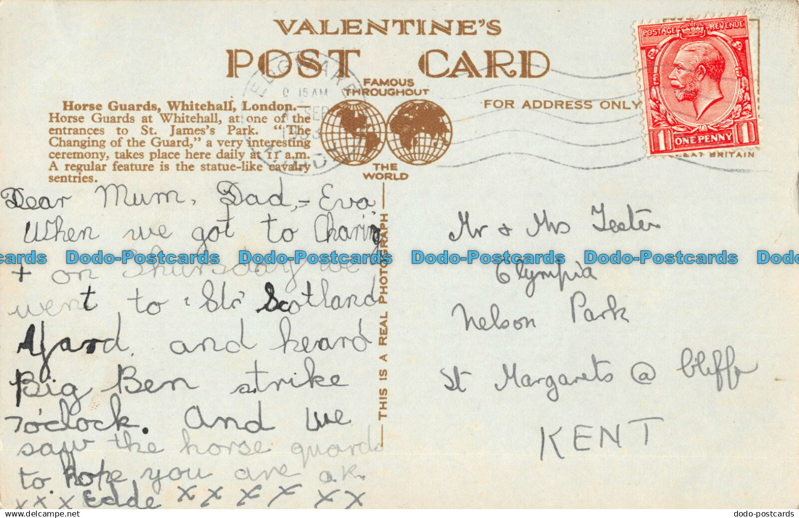 R162536 Horse Guards Sentries. Whitehall. London. Valentine. RP. 1933 - Altri & Non Classificati